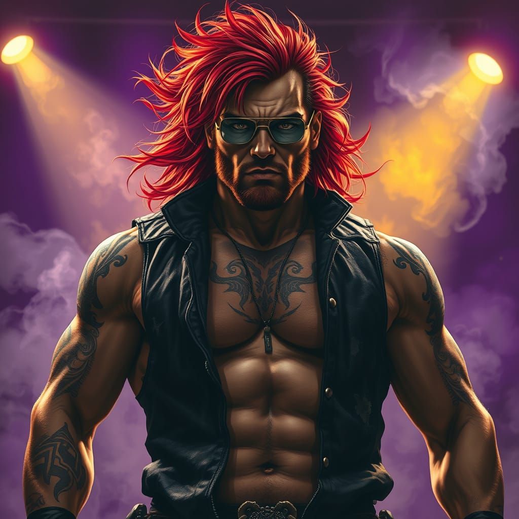 Muscled Wrestler in Dimly Lit Dojo with Tribal Tattoos