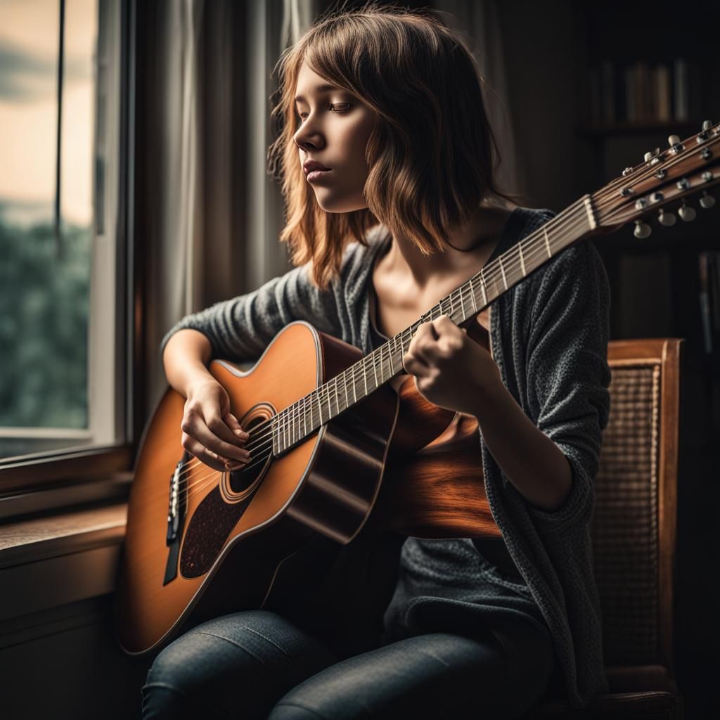 Trans Girl's Guitar Gently Weeps: Hyperrealistic Image
