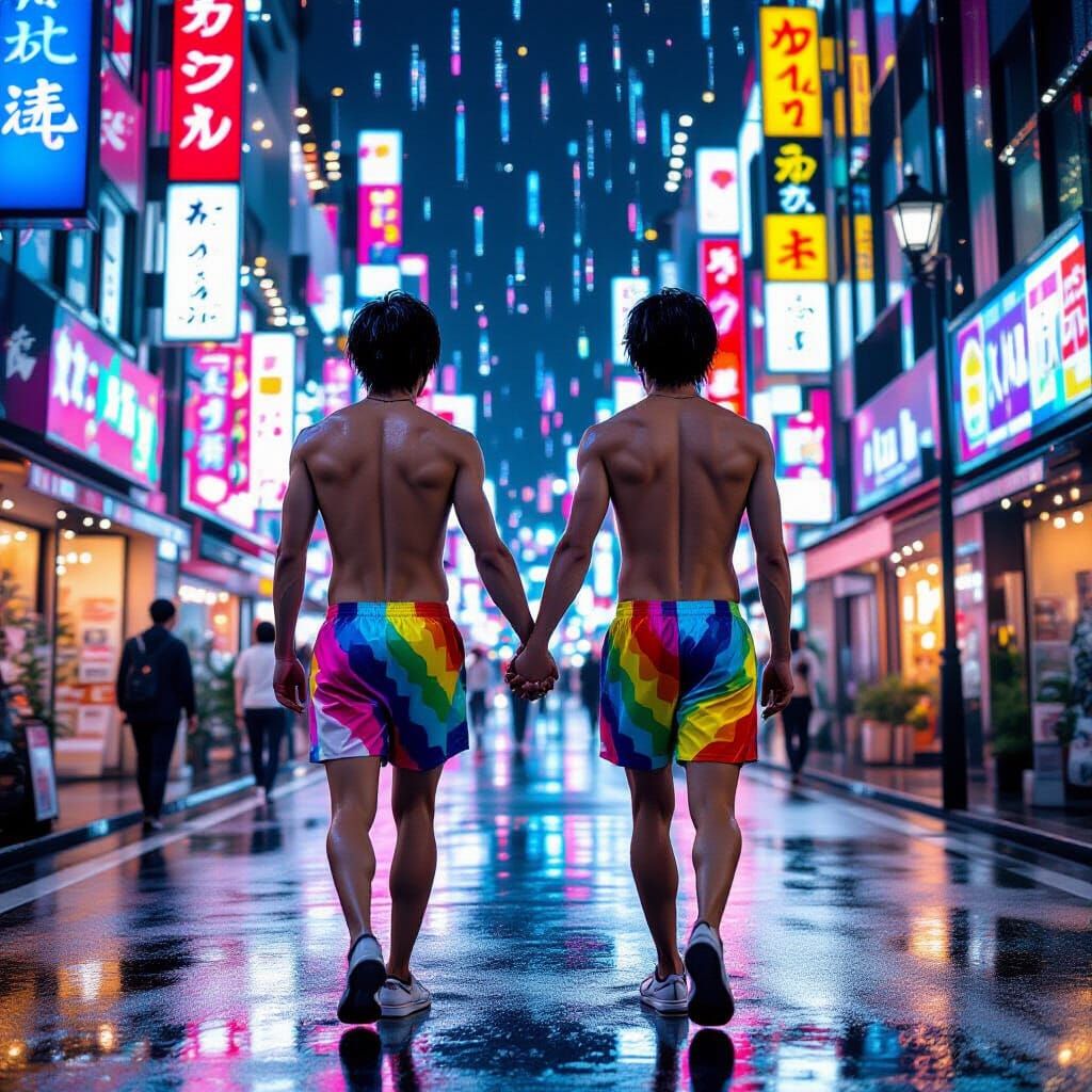 Men Walk Hand-in-Hand Through Dreamlike Tokyo Street