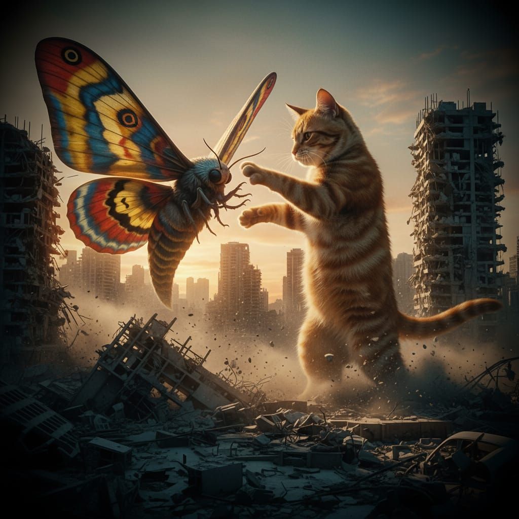 Giant Cat Battles Moth Monster Amidst City Destruction