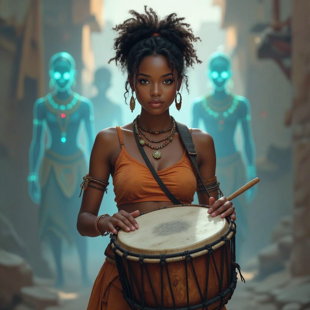 Girl Drumming with Ancestors: Digital Matte Painting