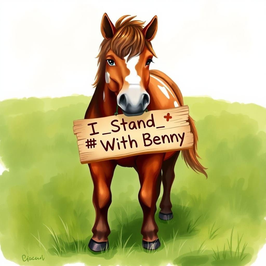 Spotted Horse Holding a Supportive Sign