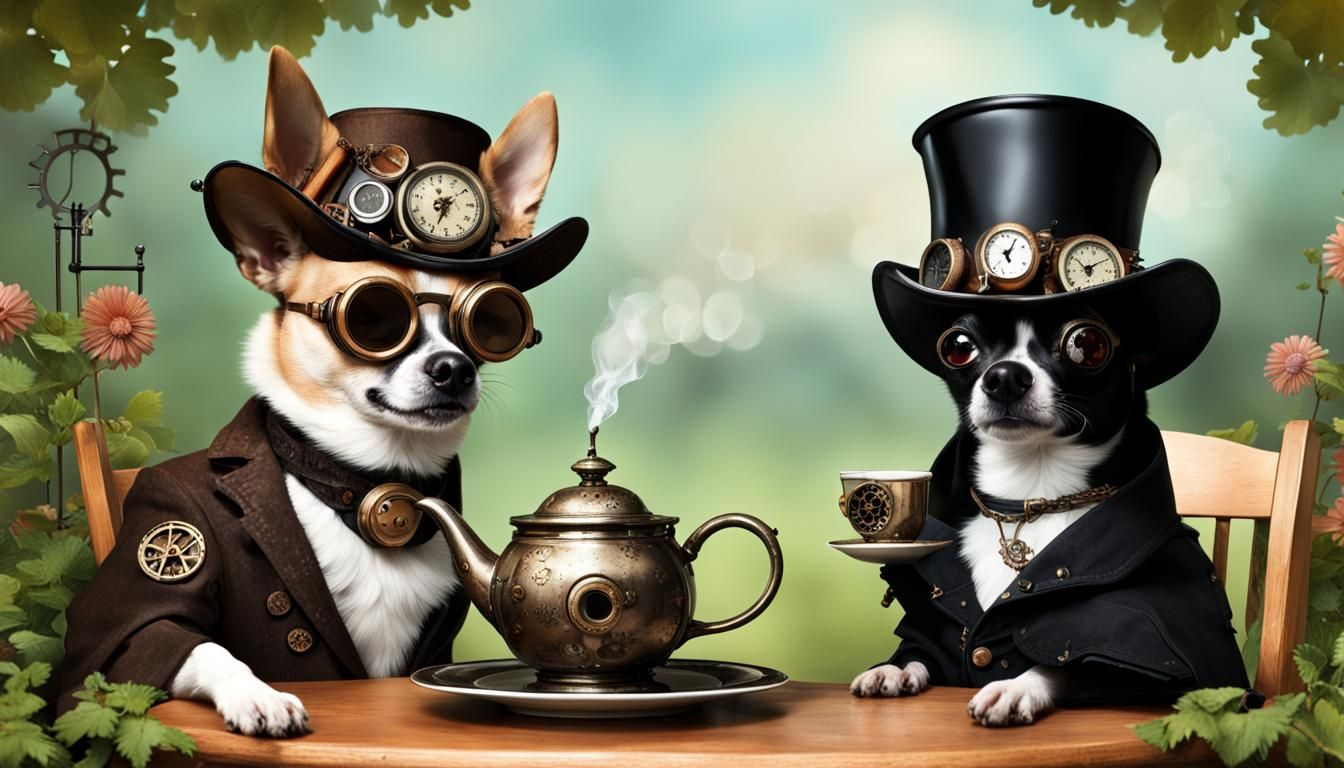 Steampunk Chihuahua and Crow Tea Party