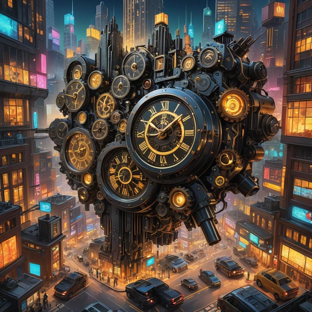 Giant Gas Clock Invades Glock Cityscape: Hyperrealistic Conc...