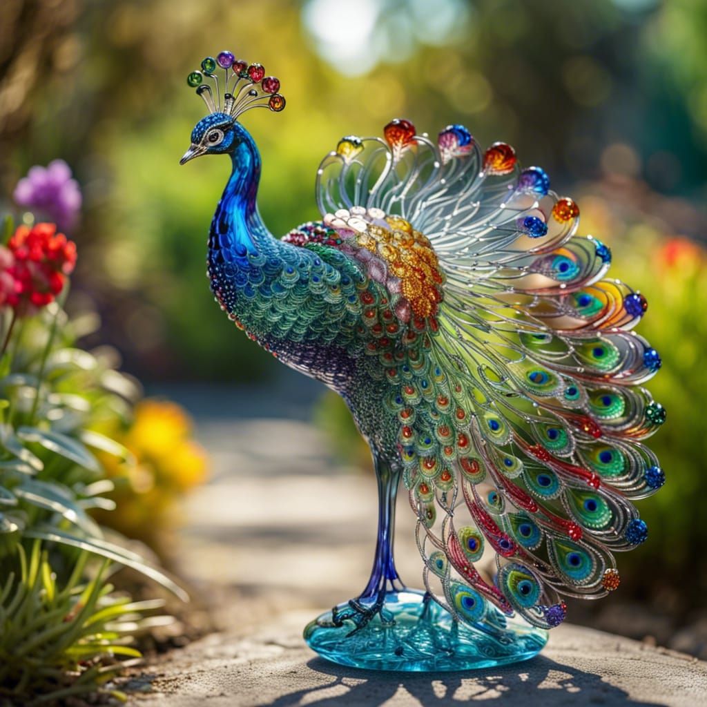 Colorful Glass Peacock Figurine on Stone Path