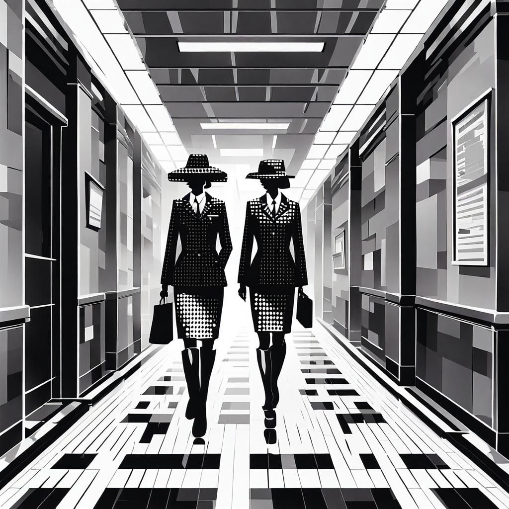 Businesswomen in Hallway: Grayscale Pixel Art
