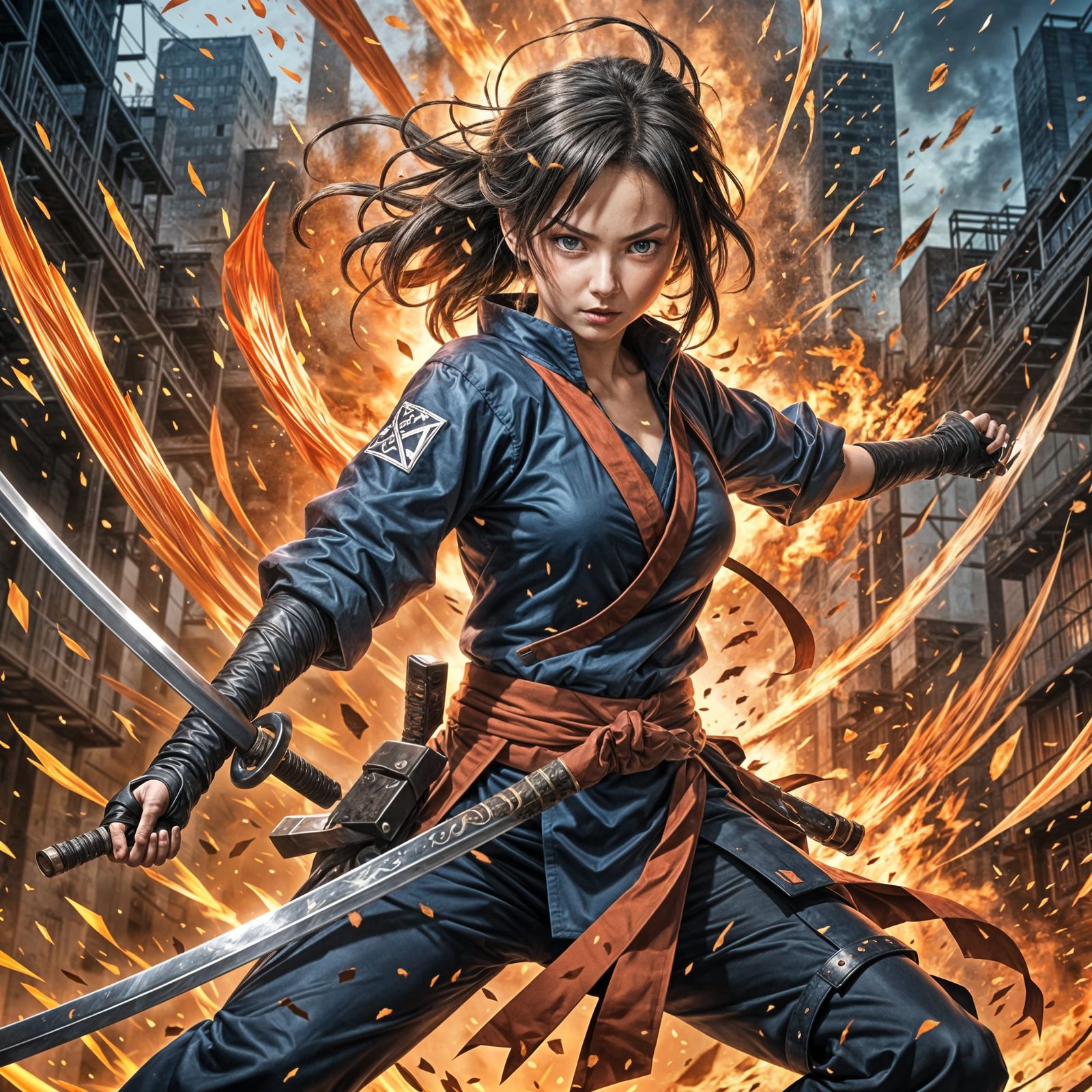 Anime Girl With Katana In Mid-Air Attack Pose