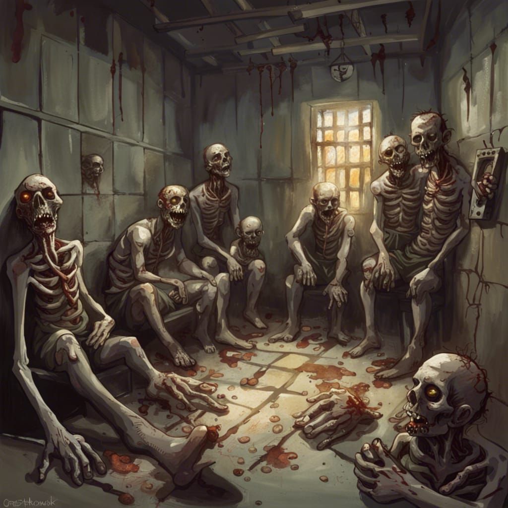Sinister Rotting Zombies in Prison Cell