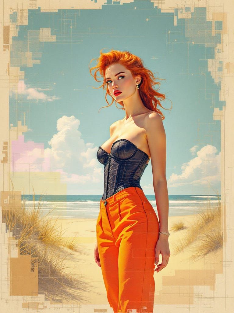 Redhead Pin-Up Woman on Beach in Dürer Glitch Style