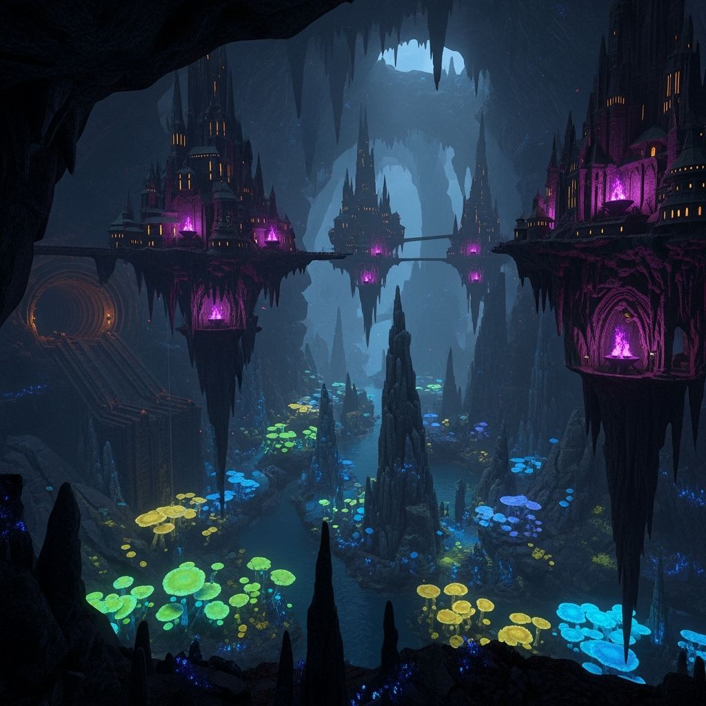 Drow Elf Cities in Bioluminescent Caverns