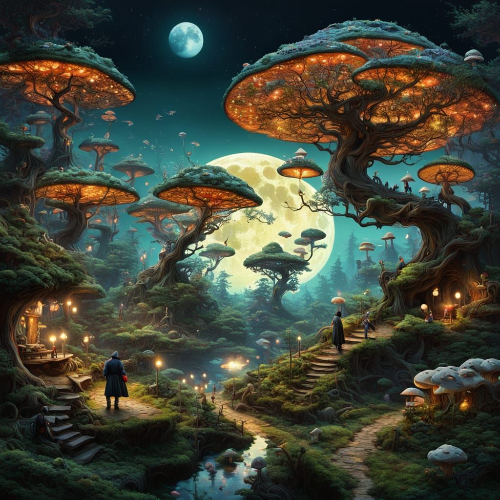 Cyberpunk Village Under a Swirling Fractal Moon