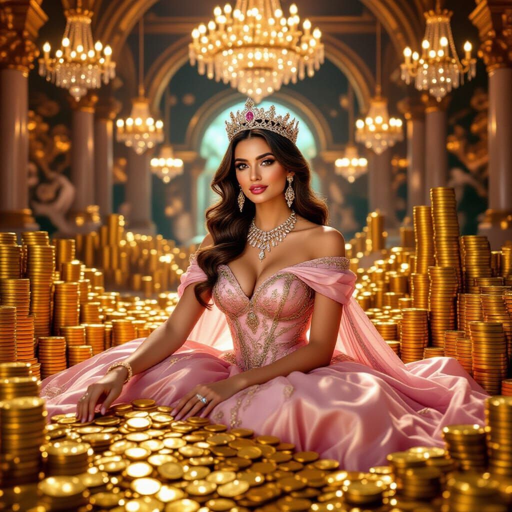 Regal Woman in Pink Gown Amidst Gold Coins and Jewels