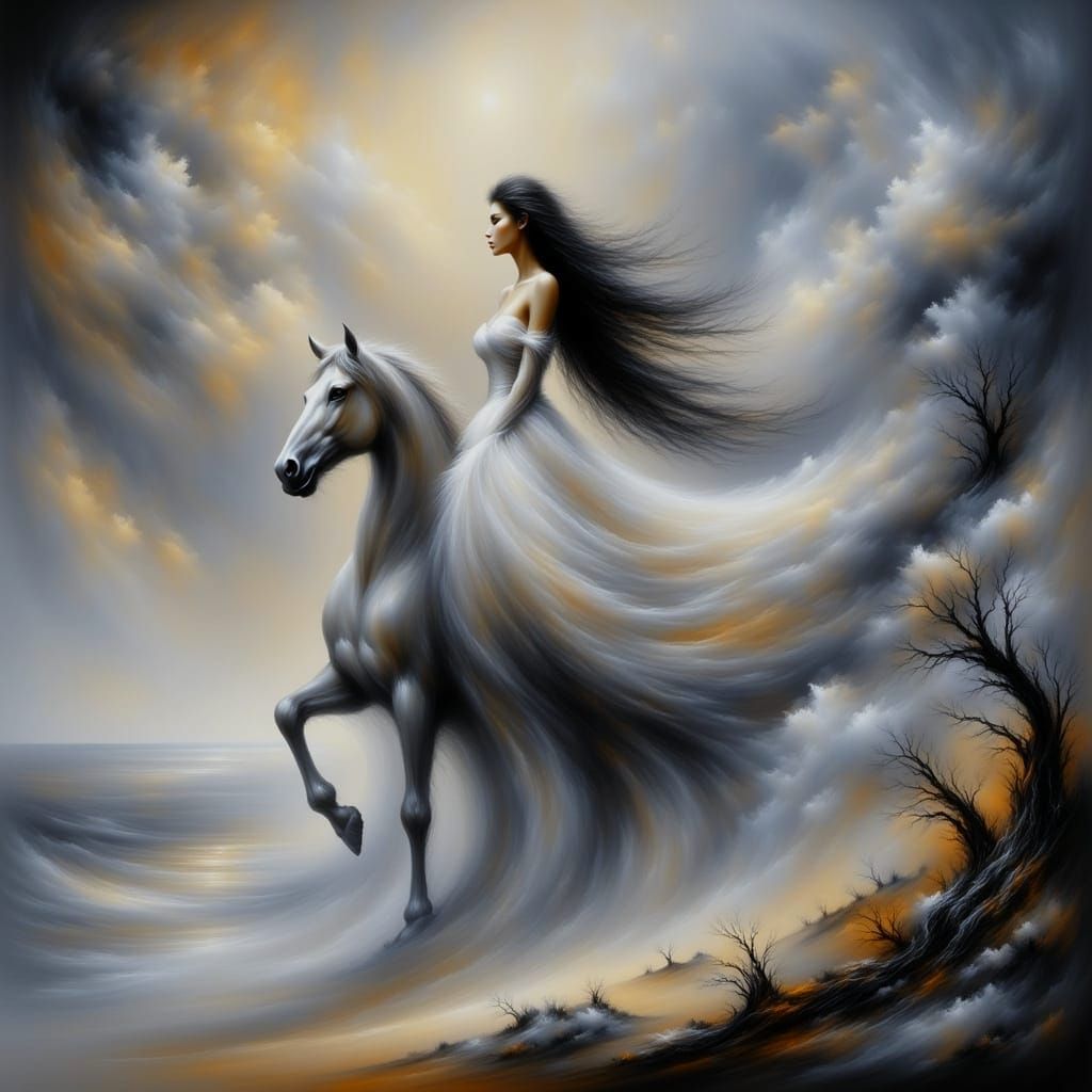 Woman Rides White Horse on Misty Beach