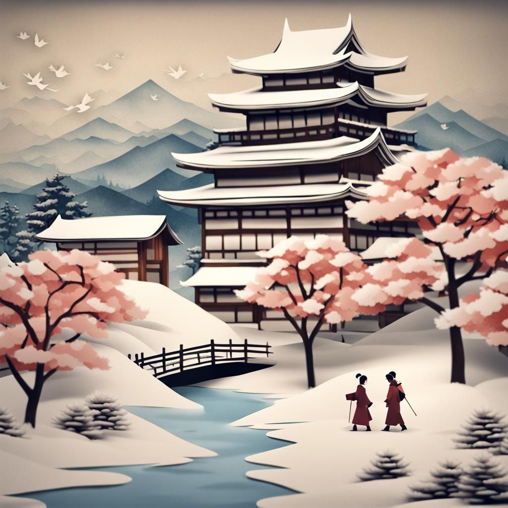 Winter Castle Scene in Japanese Painting Style