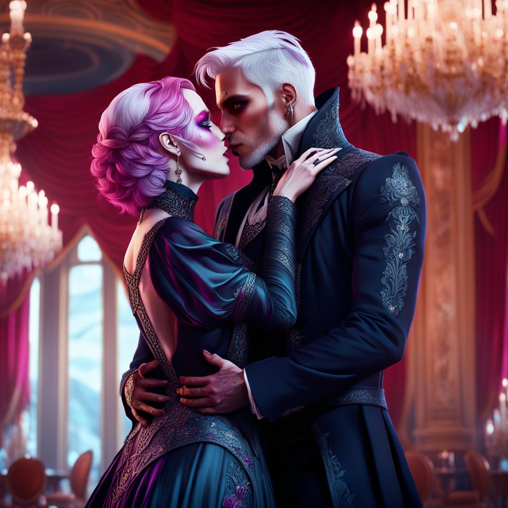 Reaper and Youth Kiss in Ballroom: Detailed Matte Painting