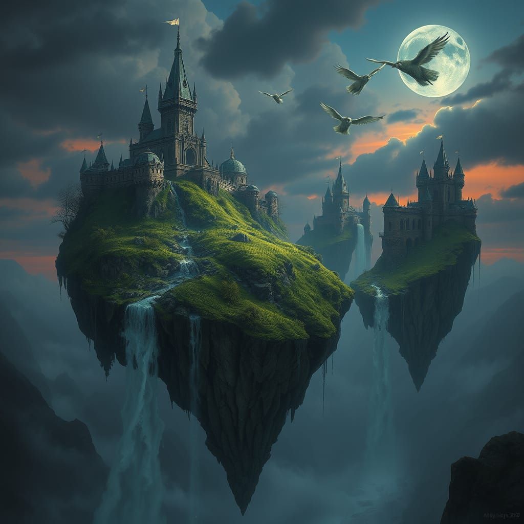 Gothic Castles on Floating Islands in Twilight Sky