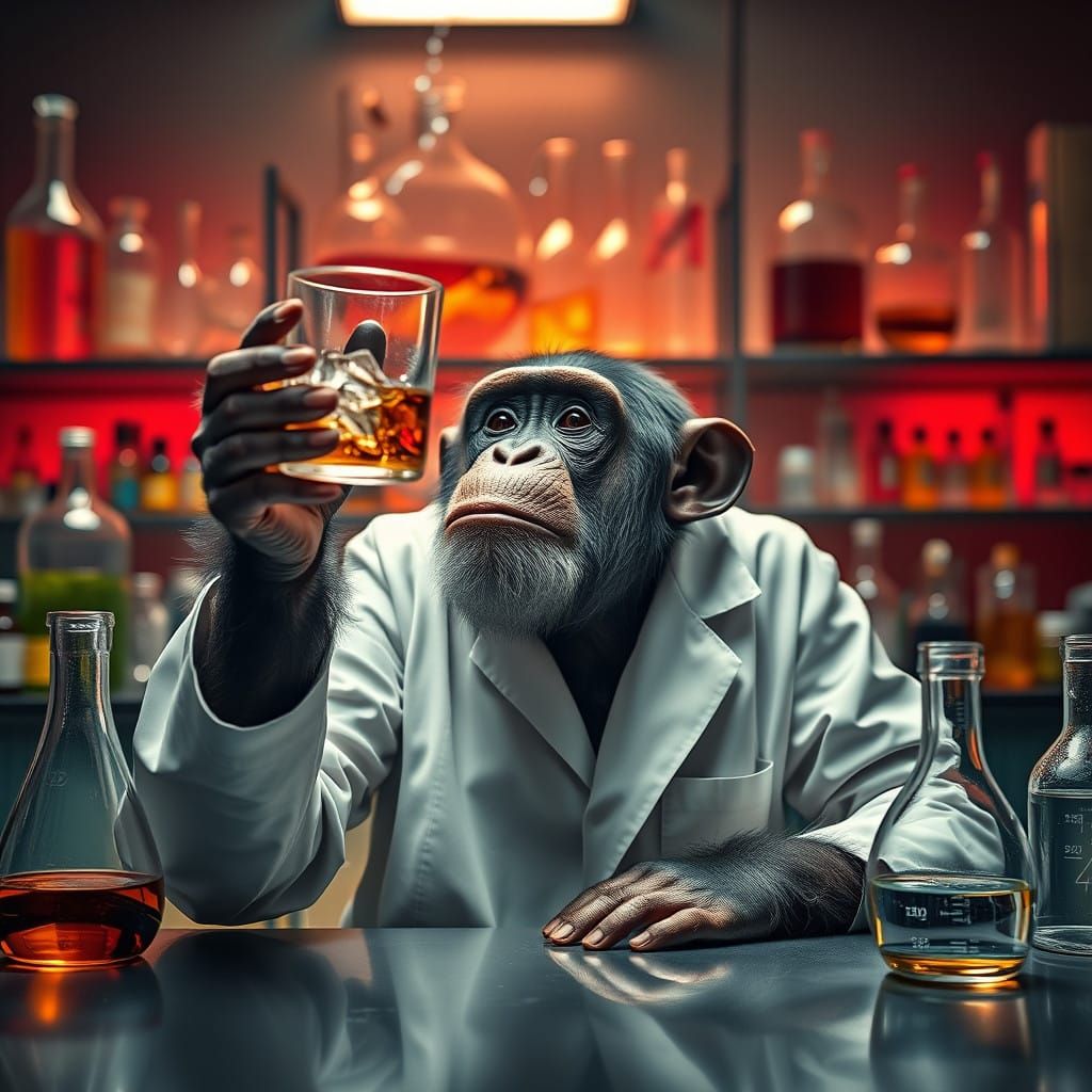 Hyperrealistic Chimpanzee Chemist Examines Whisky in a Chemi...
