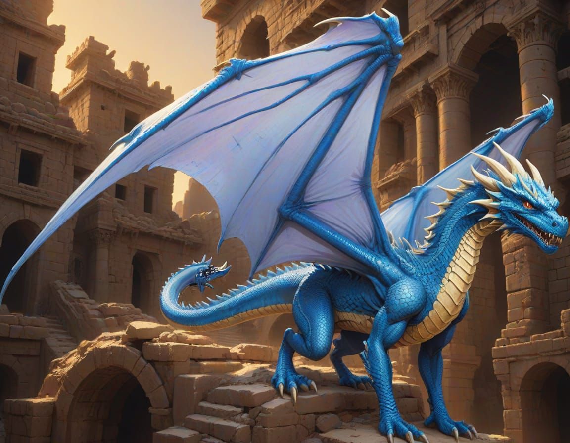 Blue Dragon in Ancient Desert Ruins