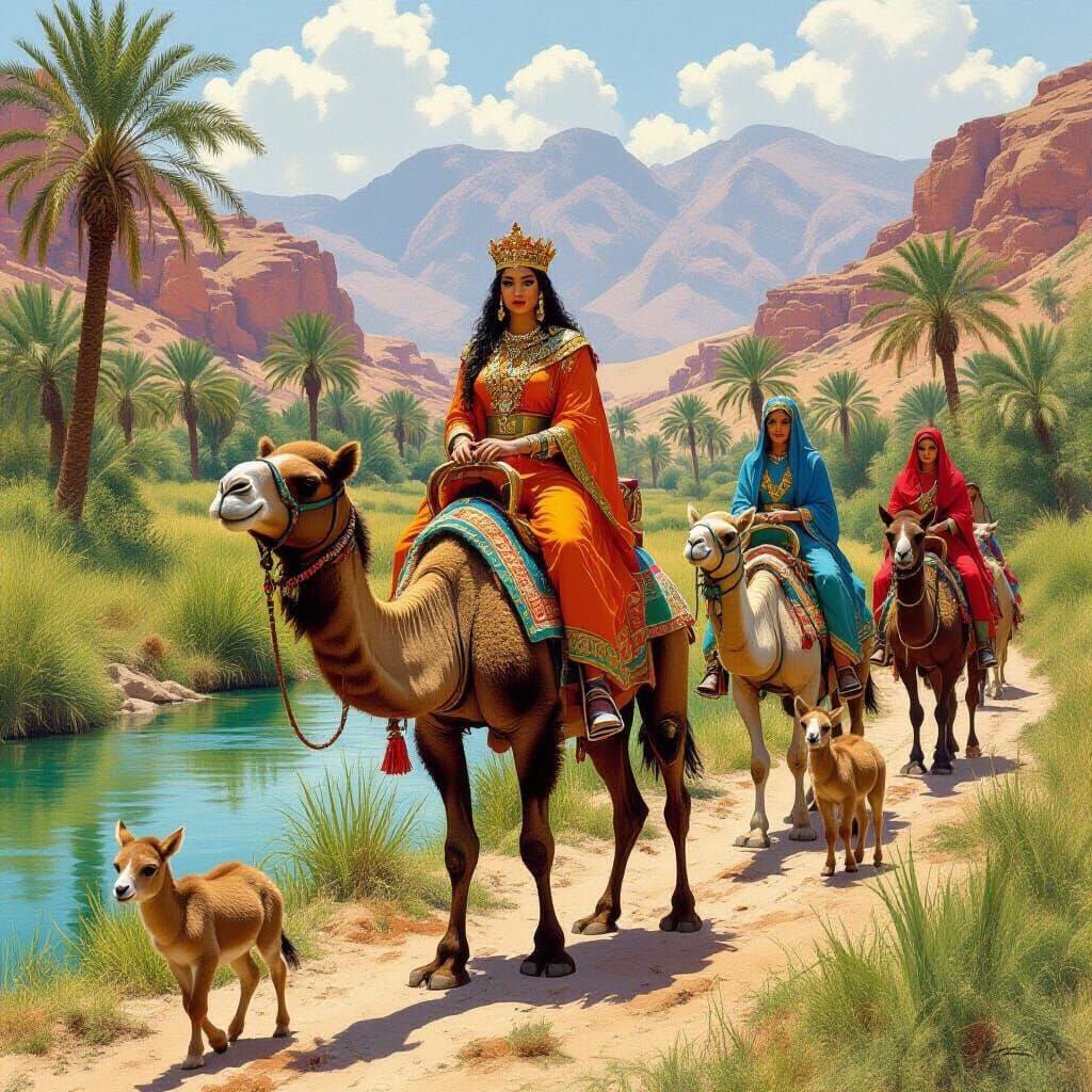Moroccan Queen's Journey in Frazetta-Style Wadi