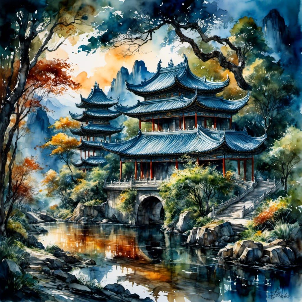 Highland Temple: Impasto Gouache Painting with Textural Dept...