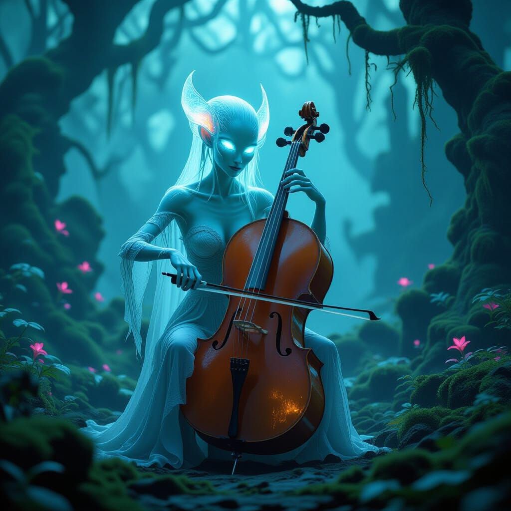 Ethereal Alien Musician Plays Bioluminescent Cello