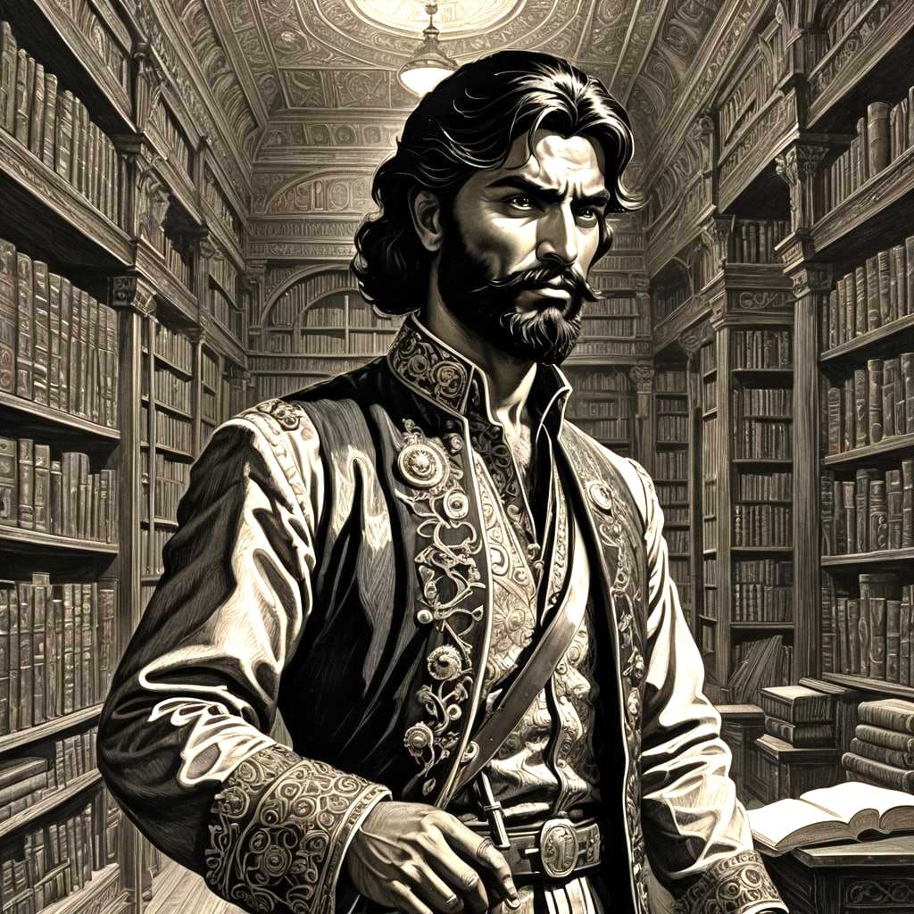 Captain Nemo in Library, Wood Engraving Style