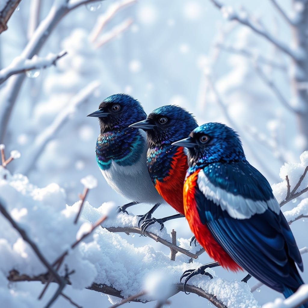 Surreal Magpies Dance in Whimsical Winter Wonderland
