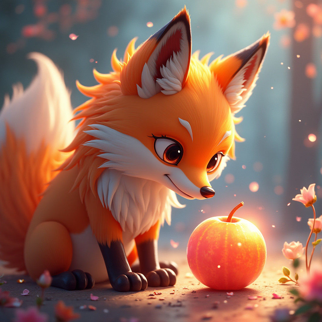 Hyperrealistic Fox Gazing at Iridescent Fruit in 3D Anime St...