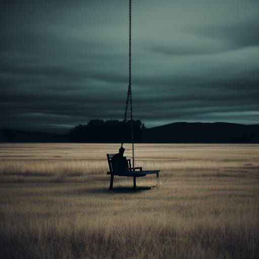 Eerie Desolate Landscape With Empty Swing