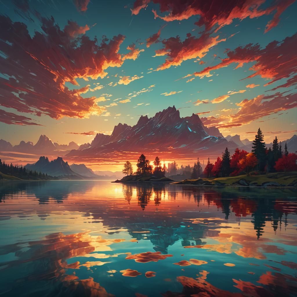 Lake Sunset in Golden Light: Digital Matte Painting