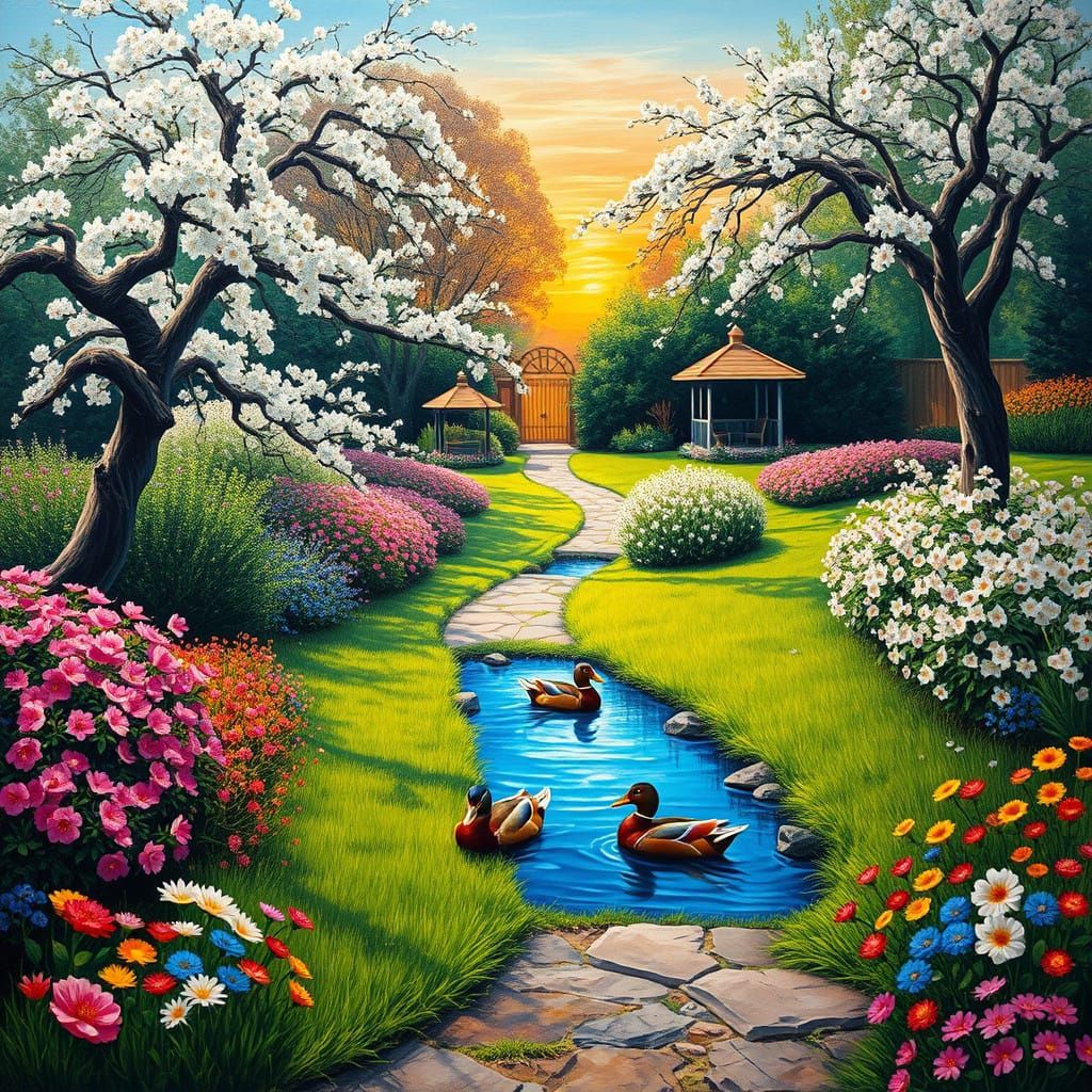 Vibrant Garden Scene with Mandarin Ducks and Cherry Blossoms