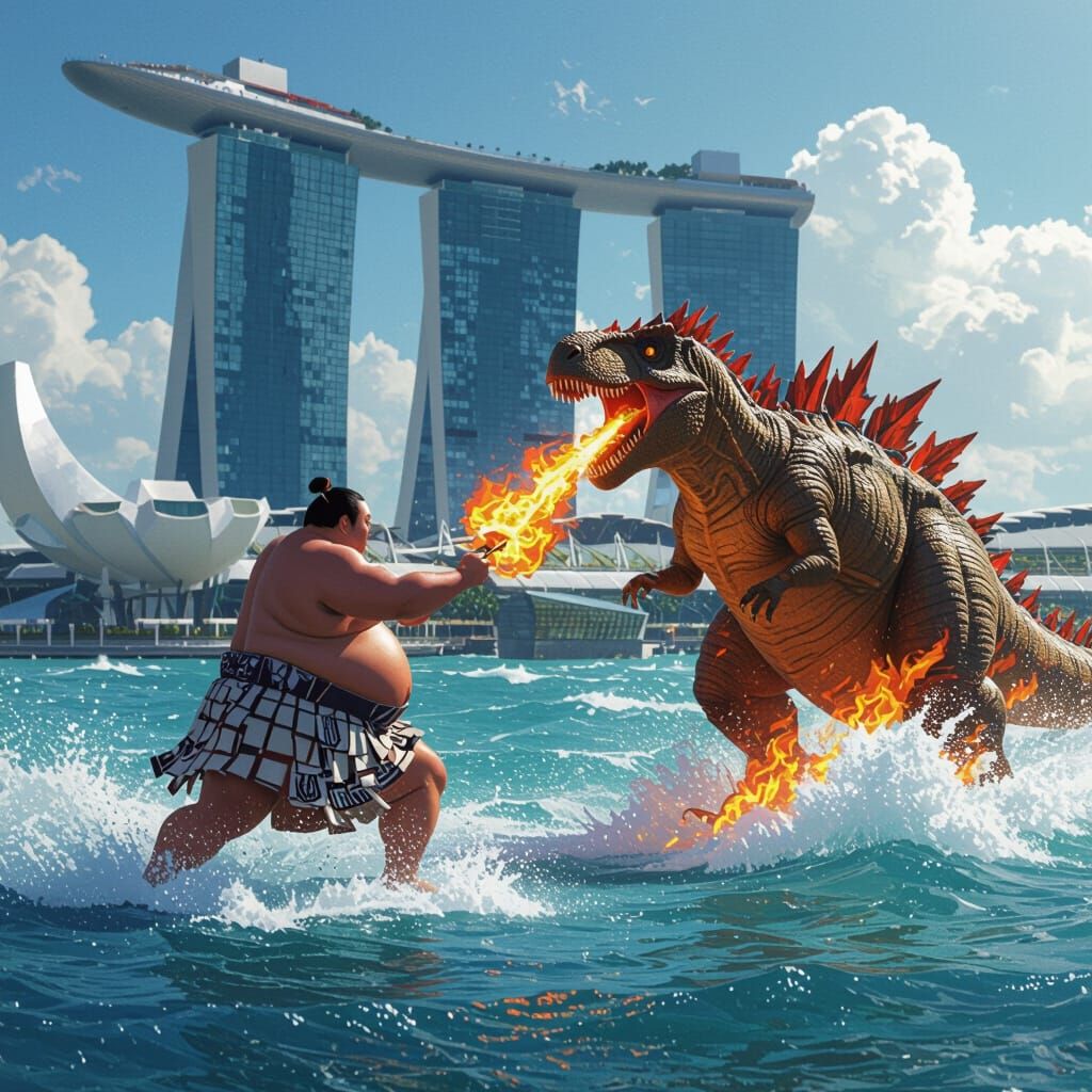 Sumo Wrestler Battles Flaming Dinosaur Amidst Giant Waves at...