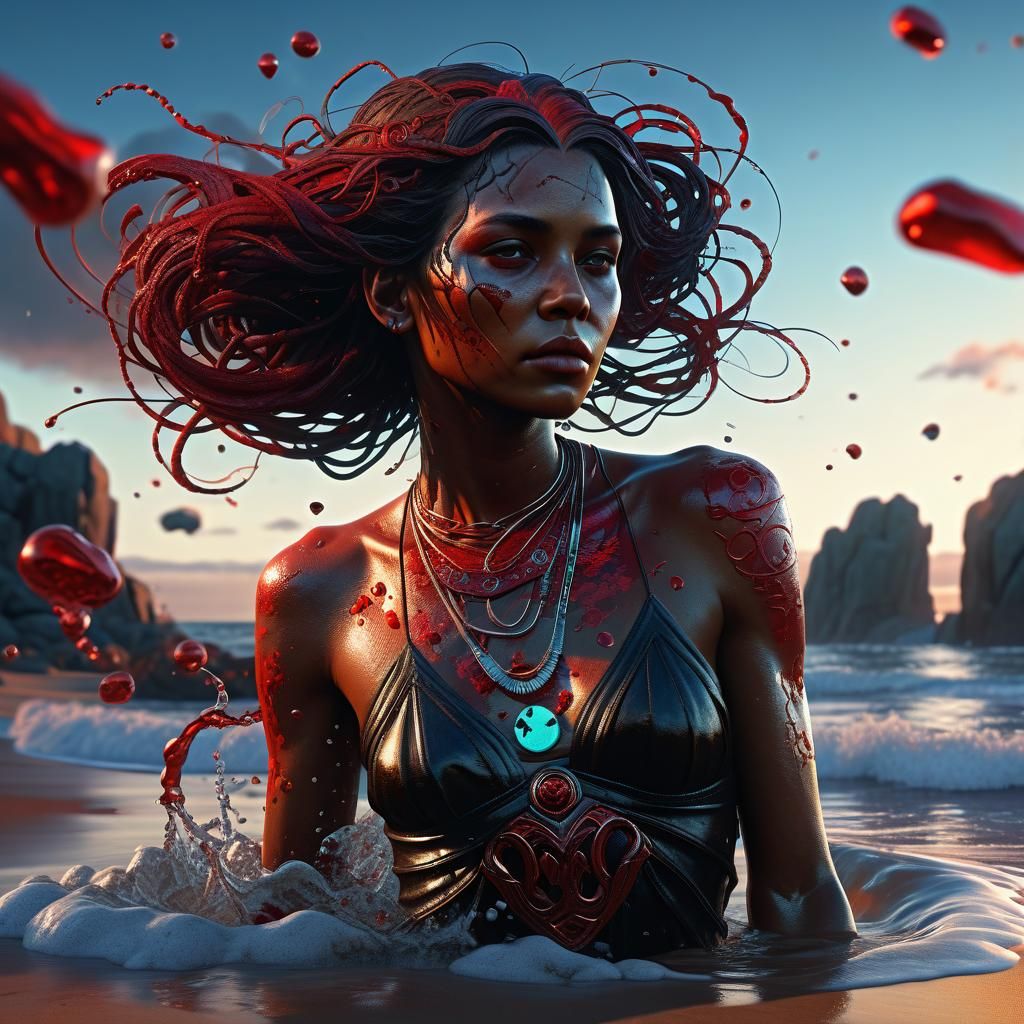 Hyperrealistic Female Portrait on Beach in Dark Fantasy Styl...