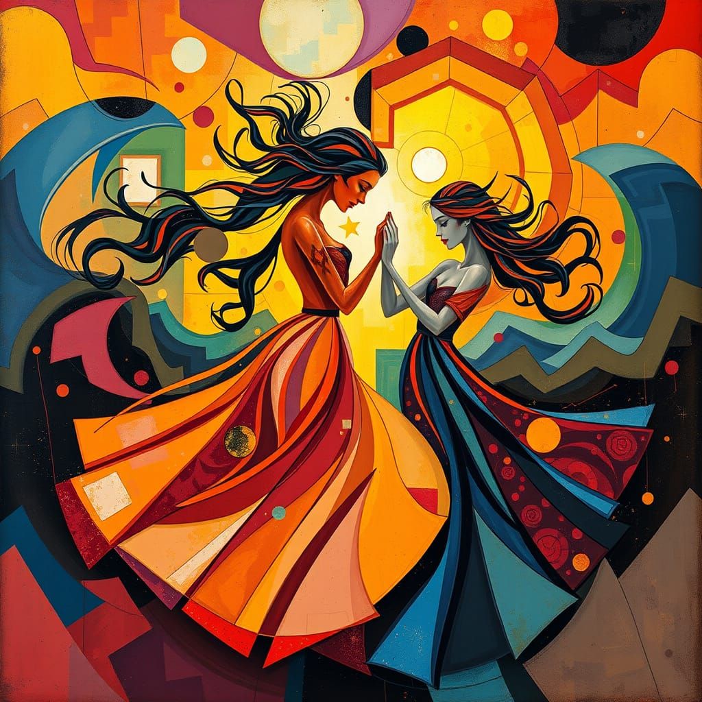 Abstract Cubist Waltz of Tormented Hearts in Ecstasy