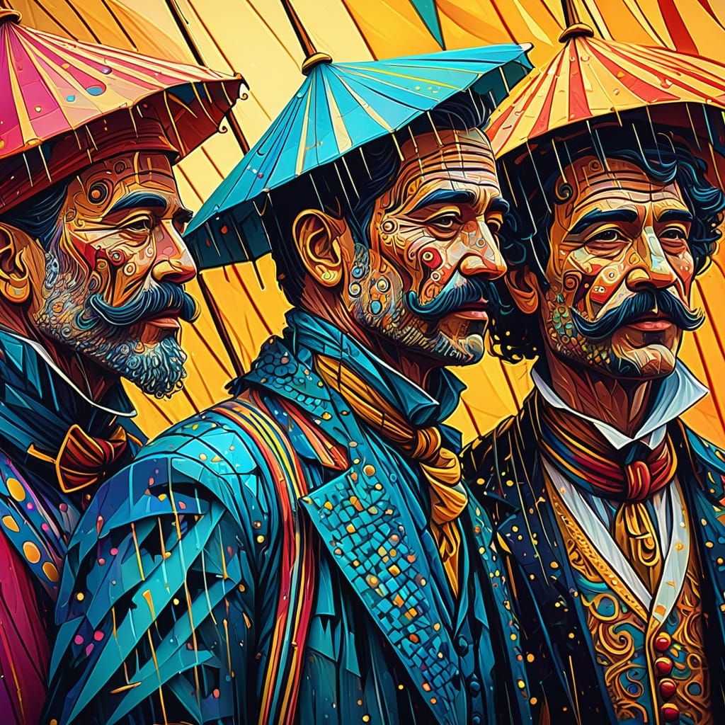 Dadaist Circus Performers in Rain with Zentangle Patterns