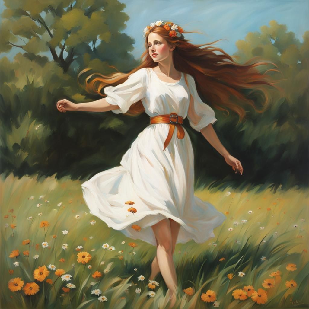 A painting of a young pretty chestnut-hair woman walking in a grassy meadow