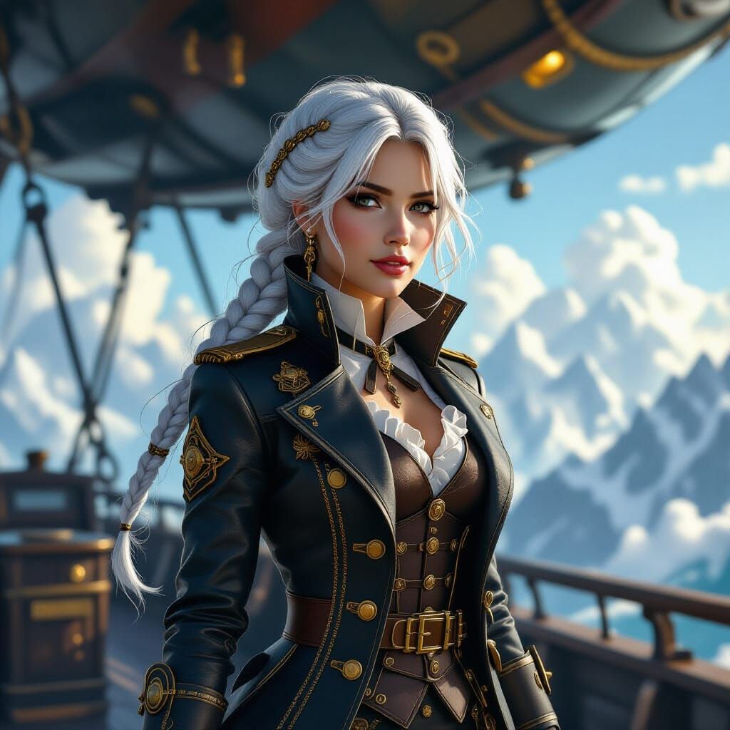 Steampunk Airship Captain with White Hair in Victorian Coat