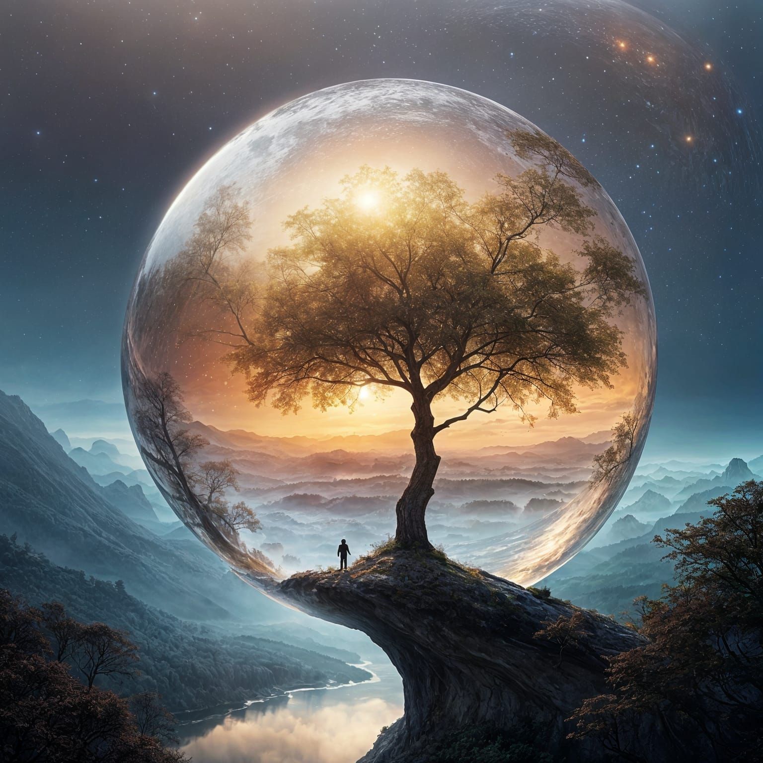 Miniature World Inside Transparent Sphere in Space