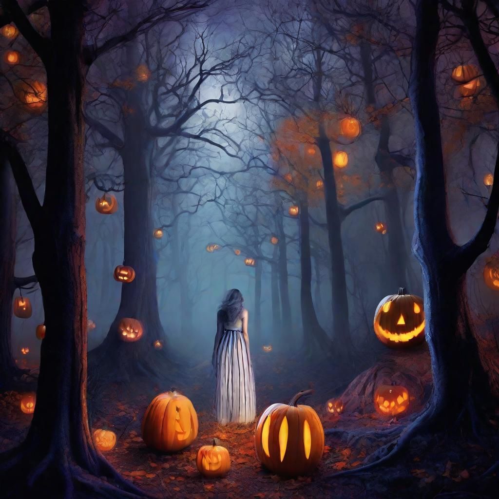 Gothic Monster in Spooky Woods with Pumpkins
