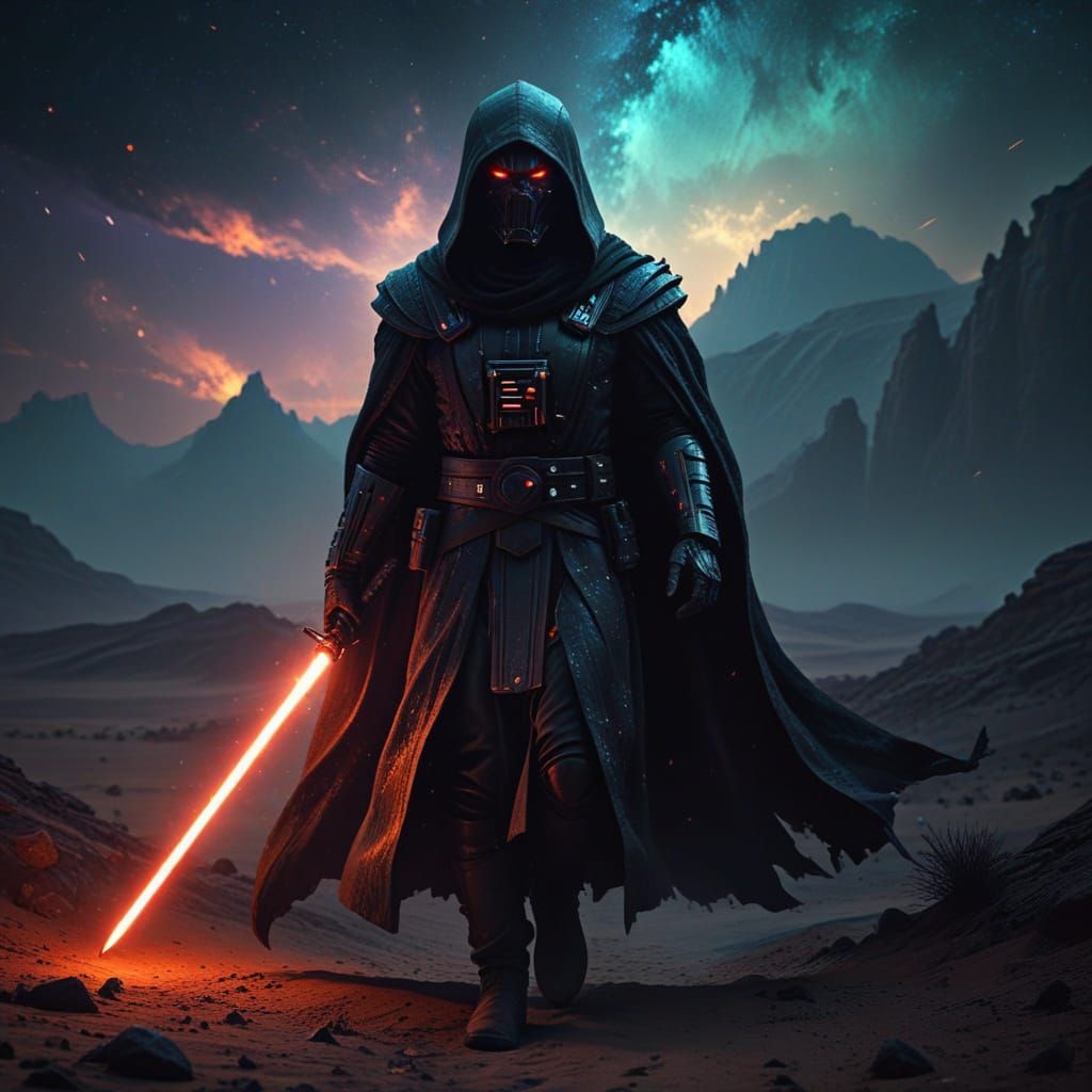 Sith Lord in Dark Alien Desert Under Nebula Sky
