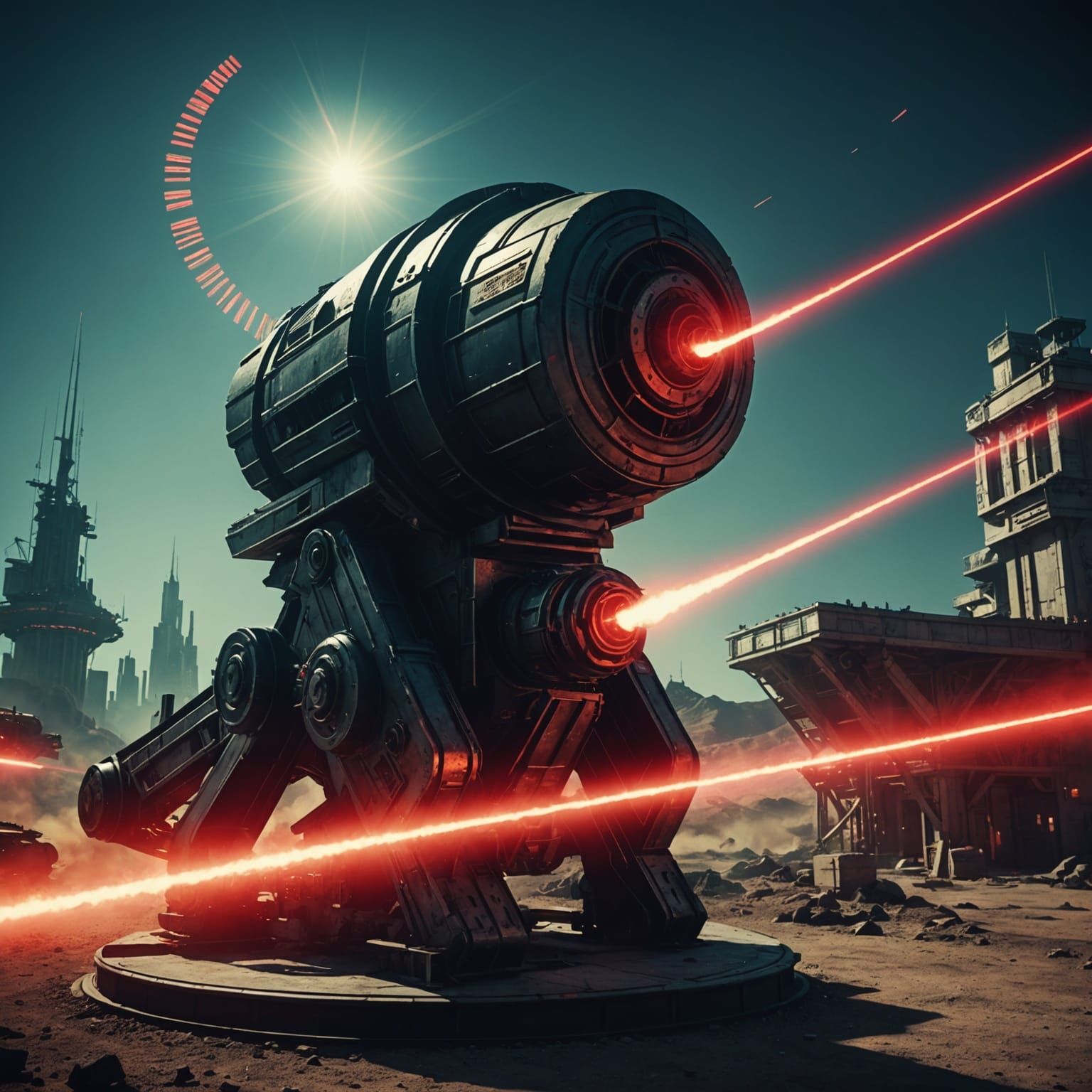 Red Laser Cannon Targets Futuristic Spaceport