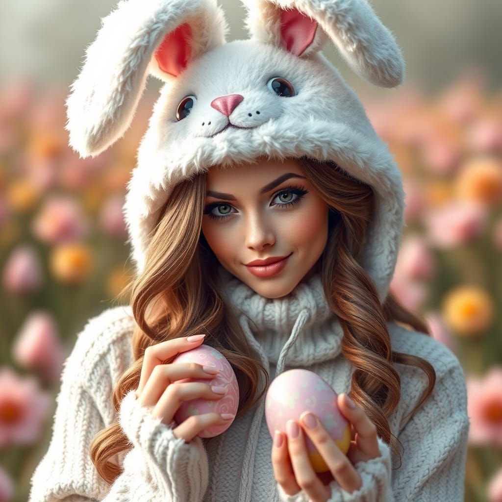 Beautiful Woman in Easter Bunny Outfit Hides Eggs in Whimsic...
