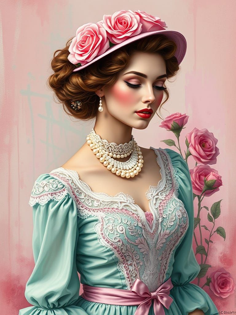 Vintage Woman in Mint Green and Pink, Detailed Digital Art