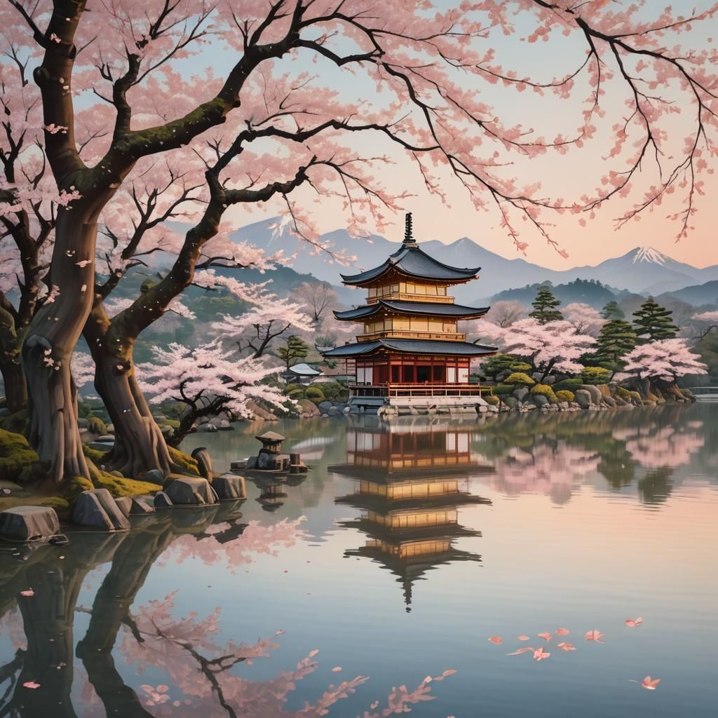 Ukiyo-e Temple Reflection in Cherry Blossom Lake