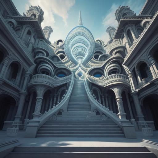 Escher-Inspired Surreal Cityscape with Bouncing Ball