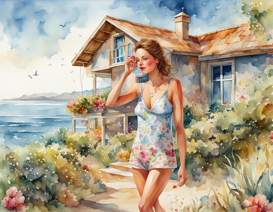 Freckled Beauty on Starry Beach: Hyperrealistic Digital Art