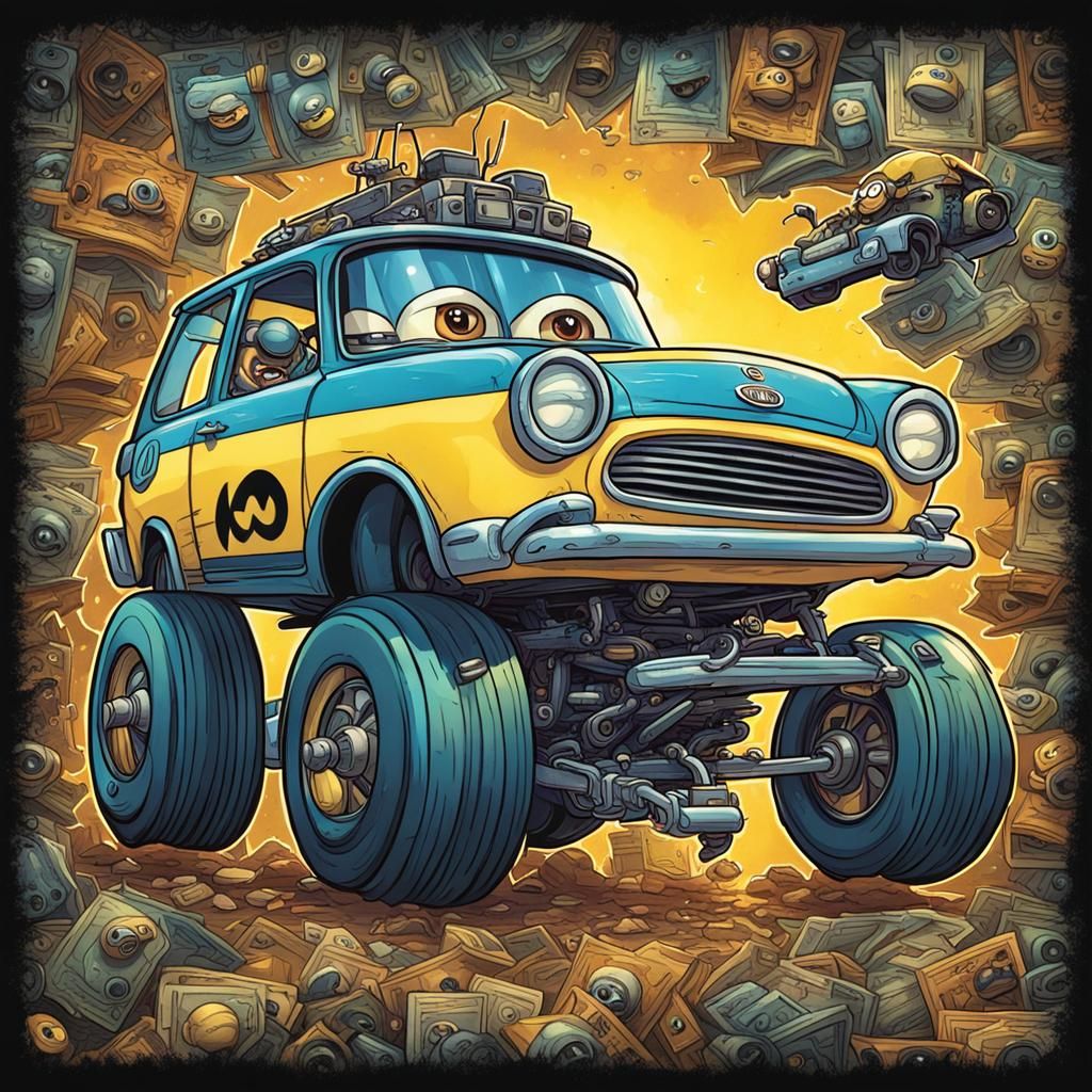Minion Funny Car Collectible Card in Comic Art Style