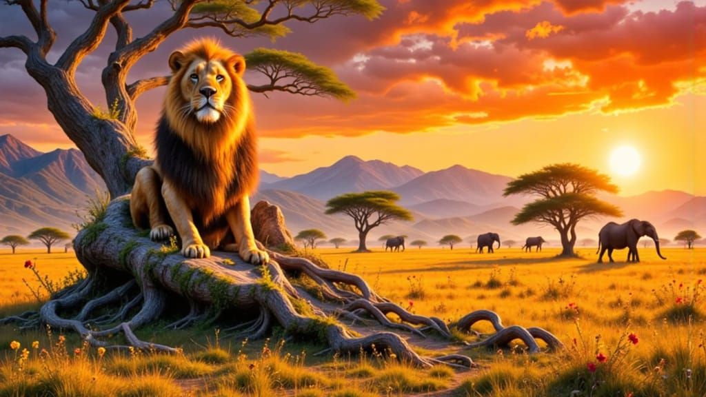 Lion King on Savannah Throne at Sunset