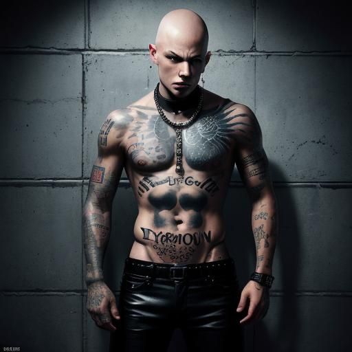 Hyperrealistic Skinhead Chained in Dark Prison Cell