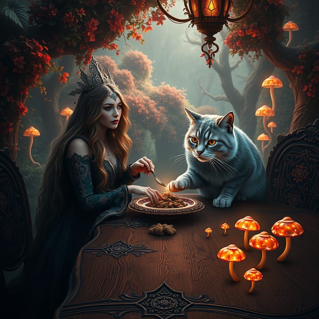 Mystical Woman Devours Ethereal Feline in Fantastical Realm